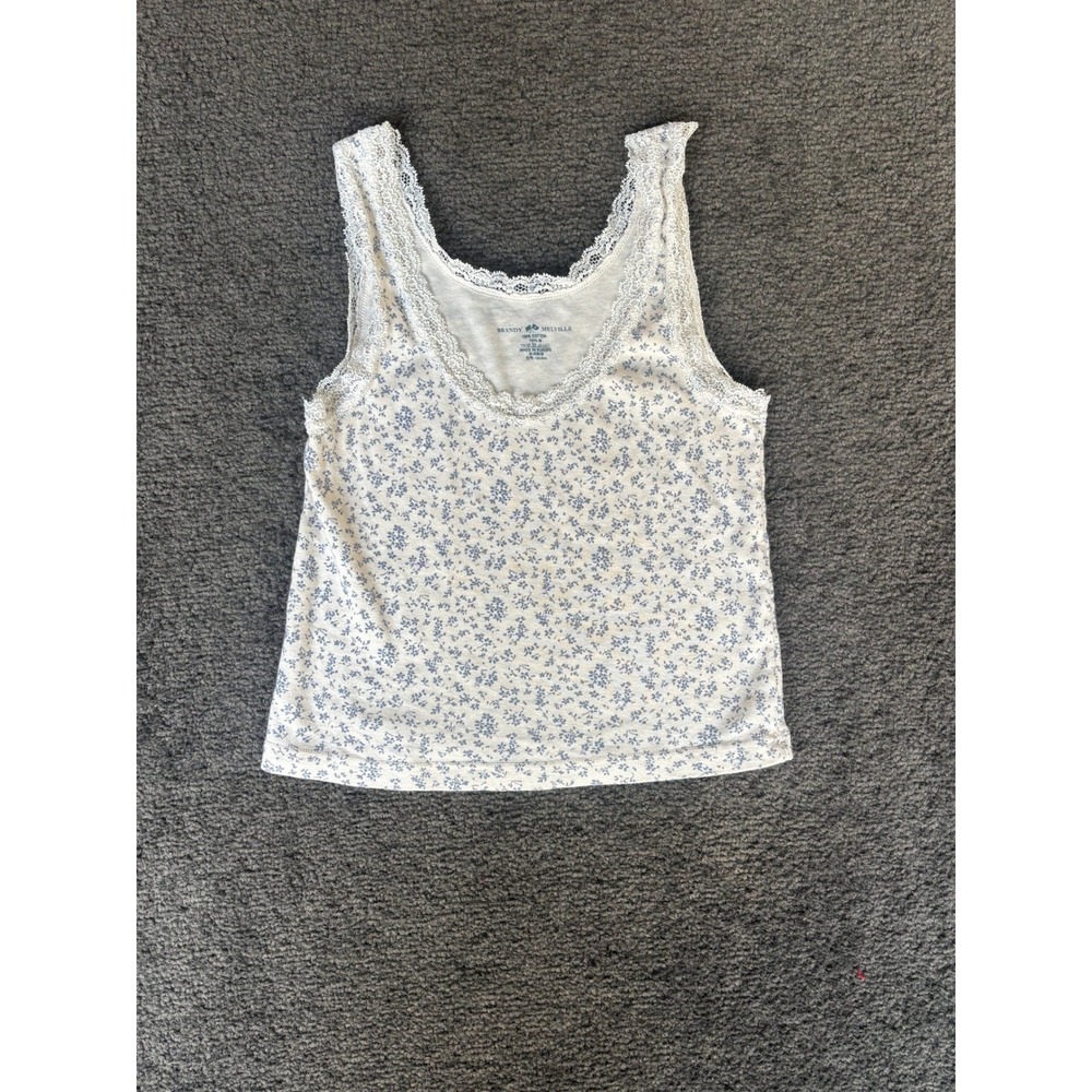 Brandy Melville Blue Floral Lace Trim Cotton Tank Top One Size Camisole White